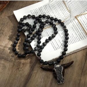 Black Beaded Bull Pendant Necklace